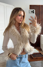 Violetta Beige Fur Trim Knit Cardigan