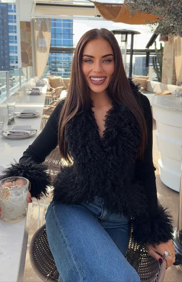 Violetta Black Fur Trim Knit Cardigan