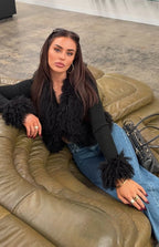 Violetta Black Fur Trim Knit Cardigan