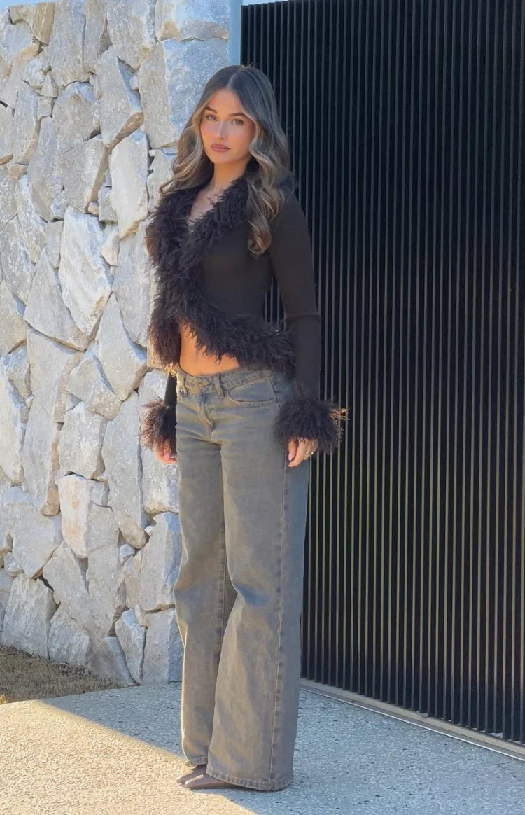 Violetta Chocolate Fur Trim Knit Cardigan