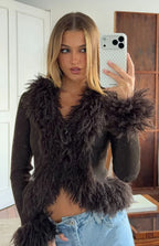 Violetta Chocolate Fur Trim Knit Cardigan