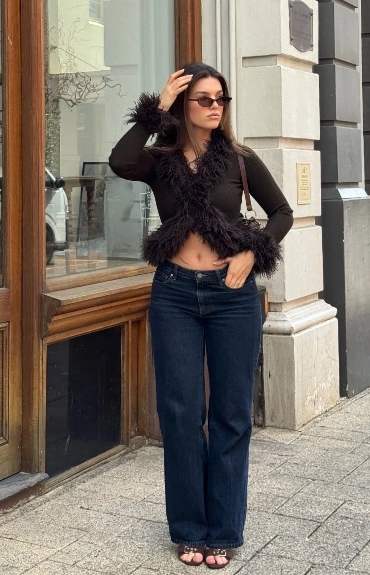 Violetta Chocolate Fur Trim Knit Cardigan