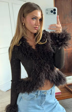 Violetta Chocolate Fur Trim Knit Cardigan