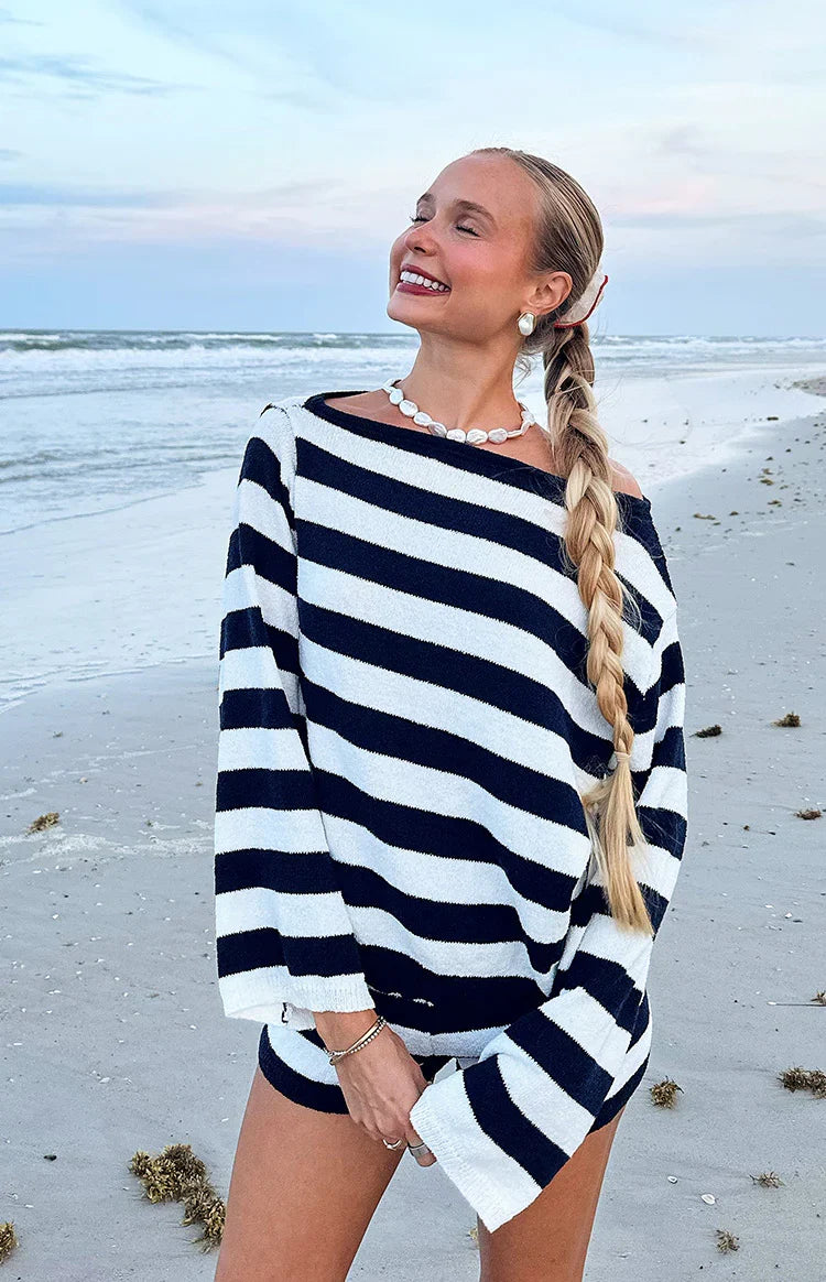 Willa Navy Stripe Off Shoulder Knit Sweater