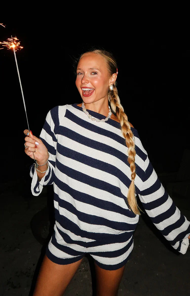 Willa Navy Stripe Off Shoulder Knit Sweater