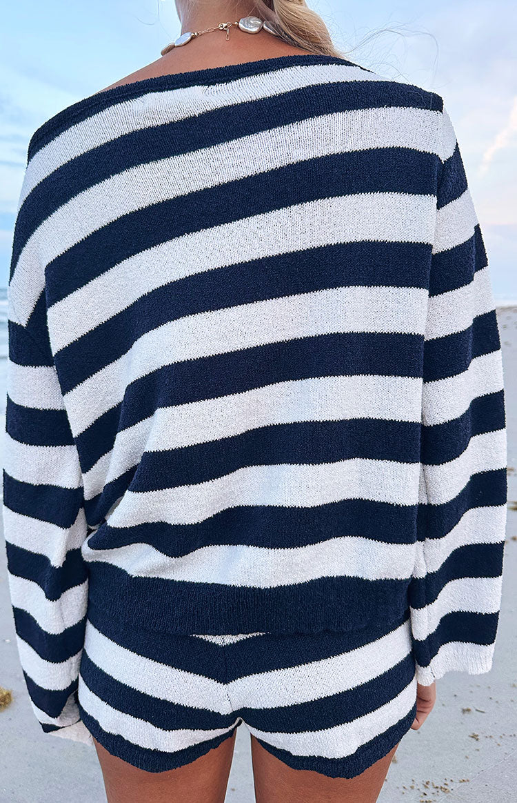 Willa Navy Stripe Off Shoulder Knit Sweater