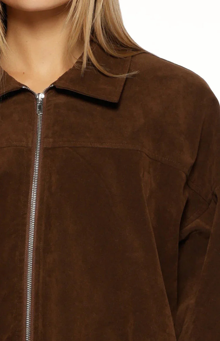 Brookie Brown Suedette Cuff Sleeve Bomber Jacket