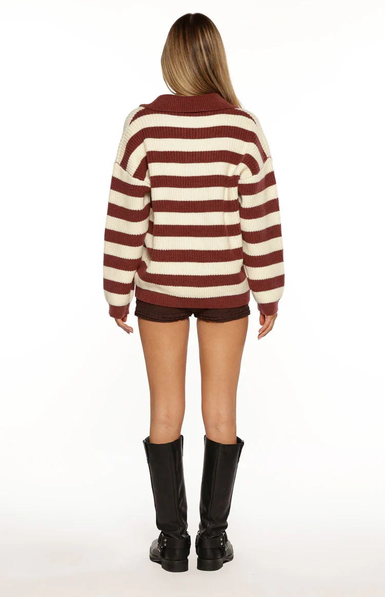 Daze Burgundy Stripe Polo Knit Sweater