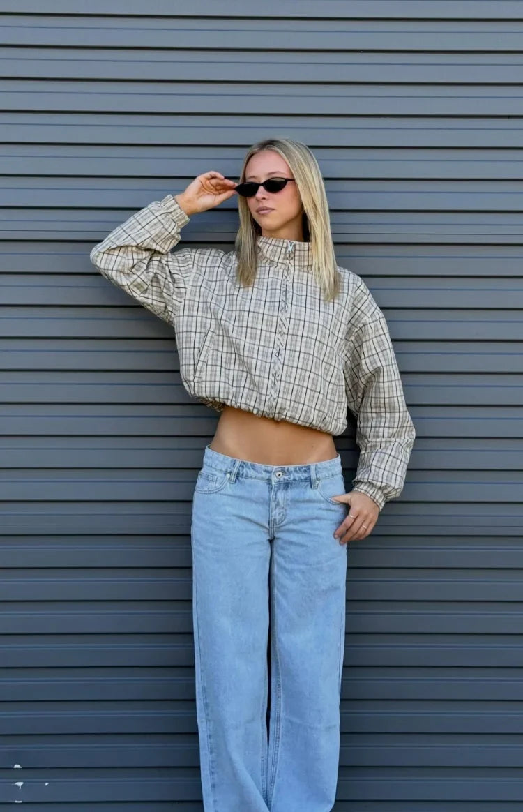 Lee Beige Plaid Funnel Neck Jacket