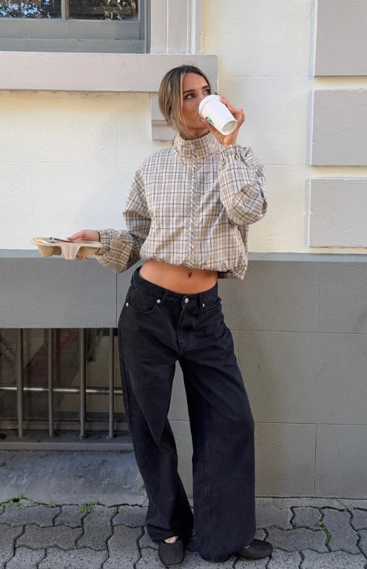 Lee Beige Plaid Funnel Neck Jacket