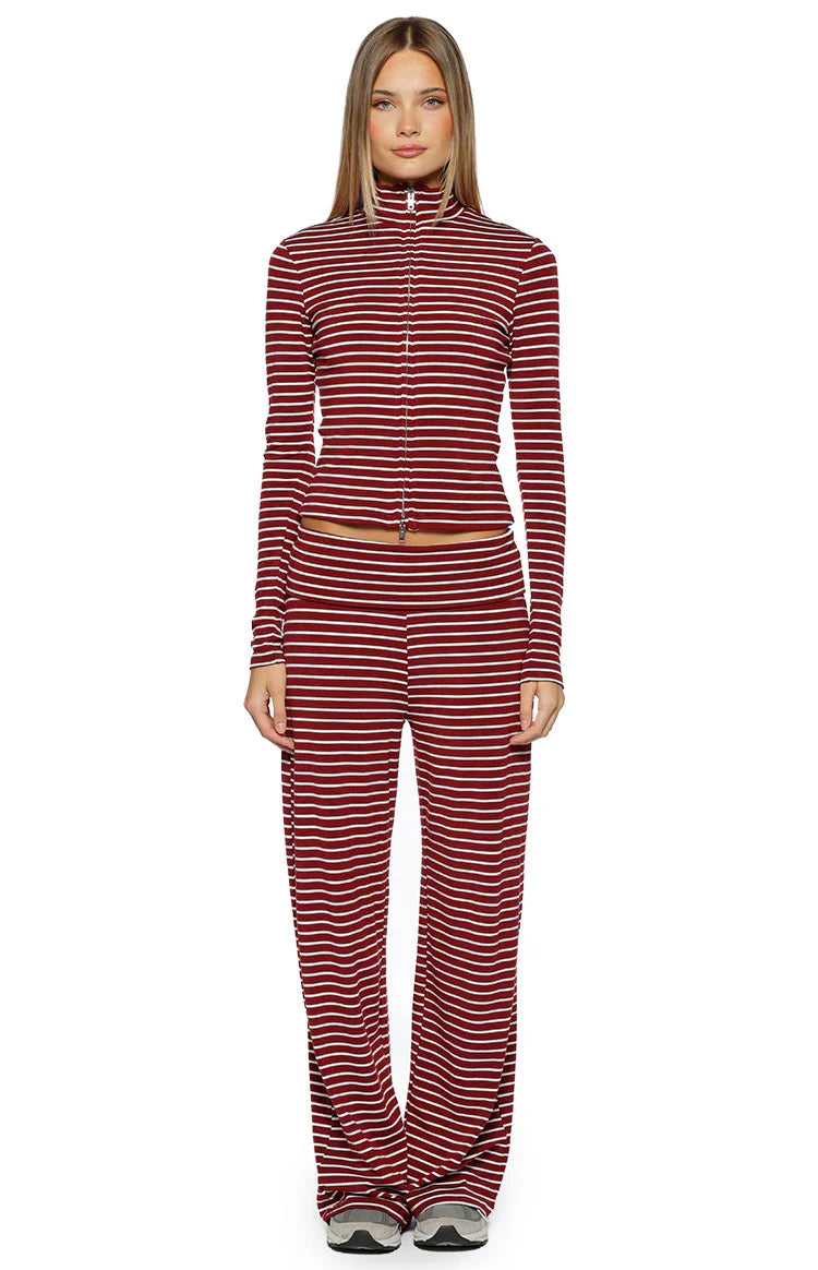 Poppi Burgundy Stripe Double Zip Sweater