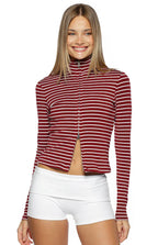 Poppi Burgundy Stripe Double Zip Sweater