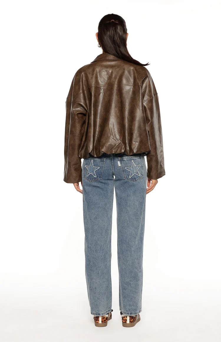 River Vintage Brown PU Bubble Hem Bomber Jacket