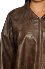River Vintage Brown PU Bubble Hem Bomber Jacket