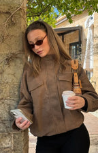 Sapna Brown Oversized Funnel Neck Suedette Jacket